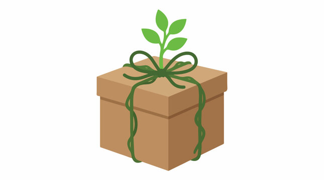 Sustainable holiday gift box, brown recycled paper texture, tied with a natural green vine, a small living plant sprout emerging from the top, simple organic shapes, trace optimized, minimalist