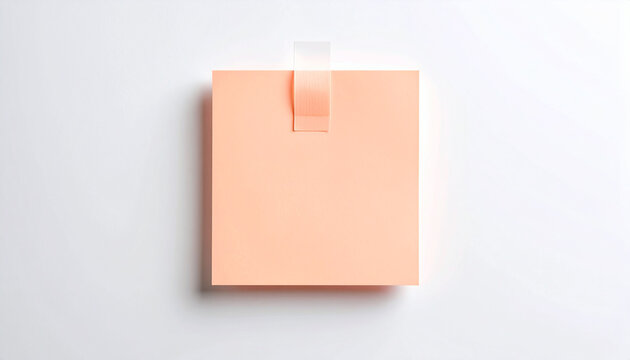 Pink blank square reminder note paper attached with adhesive masking tape on a white wall surface for business office memos organization school tasks lists messages planning and work updates