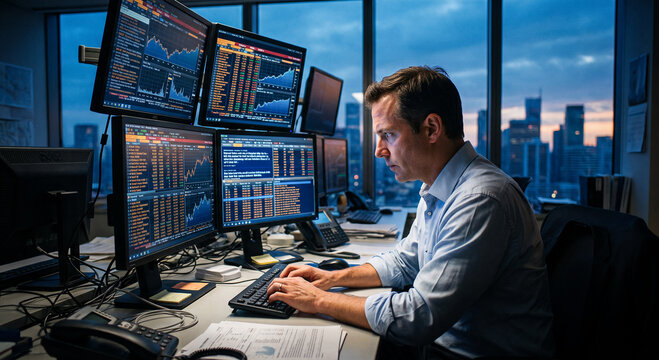 Trader at his desk types at the computer keyboard, stock market data and charts on the screen. Bank, trading room, investment banking, research, analyzing, business finance and industry.