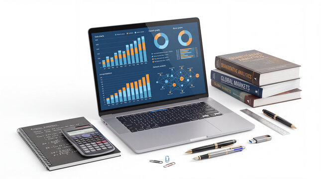 Laptop with business data, financial reports, charts, bar graph on the screen, surrounded by books, ball pen, calculator and other office utensils. Desk, workplace, business, analyzing data.