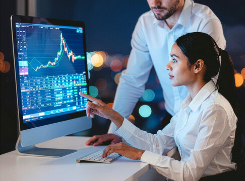 Businesswoman with black hair is sitting at the desk doing research and is pointing to a computer screen to show her colleague something. Bank employee, portfolio management or  investment banking.