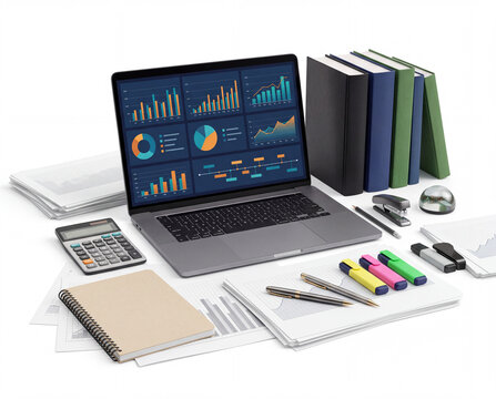 Laptop with business data, financial reports, charts, bar graph on the screen, surrounded by books, ball pen, calculator and other office utensils. Desk, workplace, business, analyzing data.