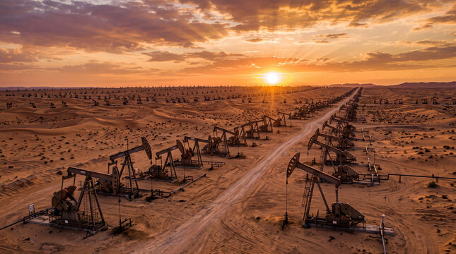Street in the esert with oil pumps of both sides,  sunset in the background. Oil and gas industry, commodity, energy, fuel, petrol, oilfield,  production, energy, heating oil.