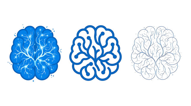 Digital brain icons set with glowing neural network connections