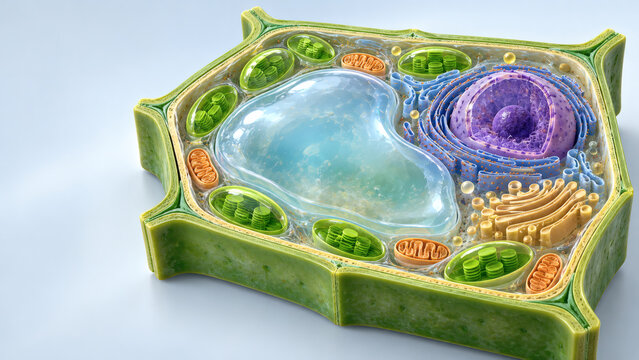 Detailed plant cell cross section model showing nucleus vacuole chloroplasts mitochondria and endoplasmic reticulum structure for biology education