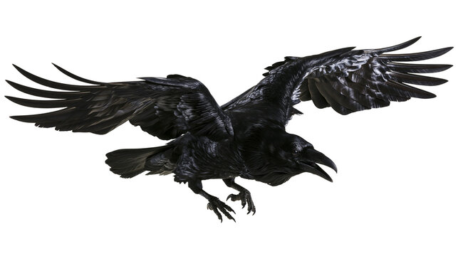 Large black raven flying with wings spread wide and open beak