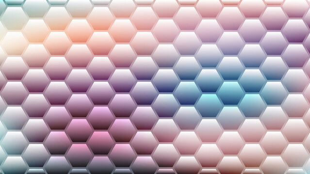 Modern honeycomb geometric pattern background with 3D hexagonal structure and grainy texture in soft pastel pink, purple, and blue gradient colors for tech designs.