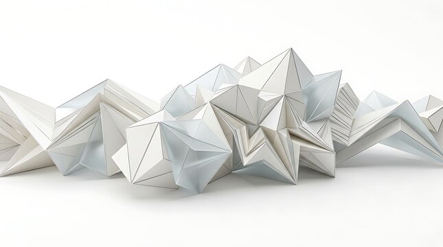 Abstract geometric banner featuring white folded paper or ceramic polygon mountains and crystalline structures on a clean background