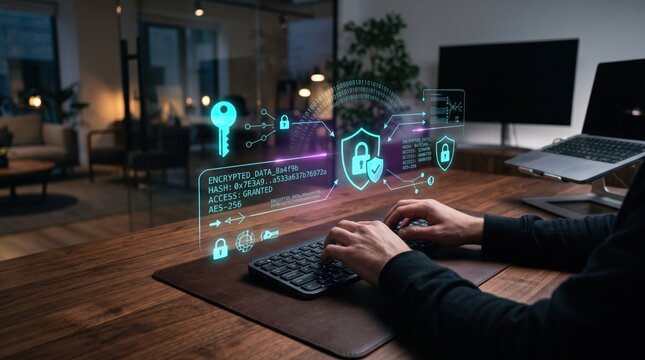 Cybersecurity expert working at a desk with a laptop, surrounded by floating encryption shields and data protection graphics, binary code, lock symbols, secure access