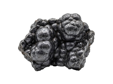 Botryoidal hematite mineral specimen with a metallic luster isolated on a transparent background