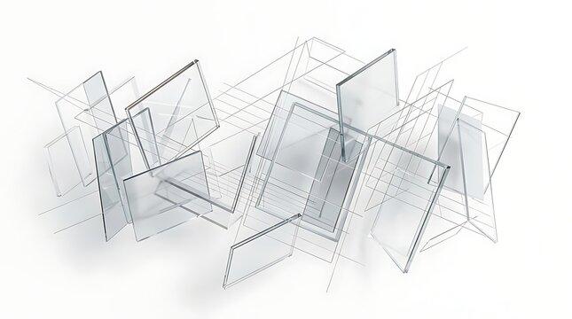 Modern abstract architectural concept featuring floating transparent glass rectangular frames and technical construction grid lines on white.