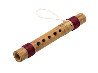Traditional bamboo flute with maroon yarn wrapping isolated on a clean transparent background © Gandalf