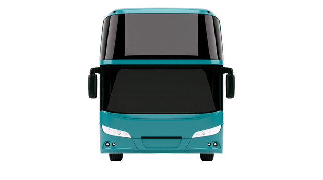 Teal double decker bus front view with large black windshield and side mirrors