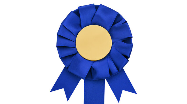 Blue satin ribbon rosette award with a circular gold center badge