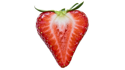 Fresh ripe strawberry half with green leaves showing internal texture and seeds © Michal