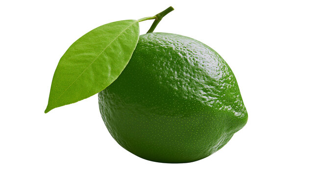 Fresh whole green lime fruit with a single attached leaf