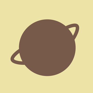 Minimalist brown planet icon with rings isolated on a soft yellow