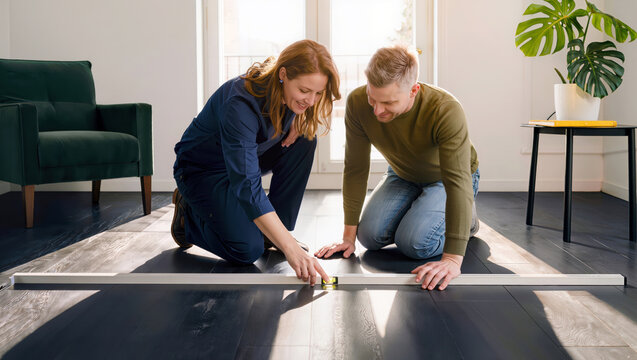 Property inspector and homeowner use a spirit level to check an uneven floor during a residential inspection and assess flooring quality and structural condition