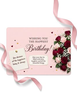 Beautiful birthday greeting card with a bouquet of red and pink roses, decorative hearts, and a handwritten note on a soft pink background