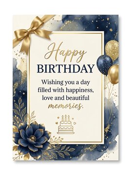Elegant birthday greeting card with navy blue watercolor texture, gold bow, balloons, and floral elements for a sophisticated celebration