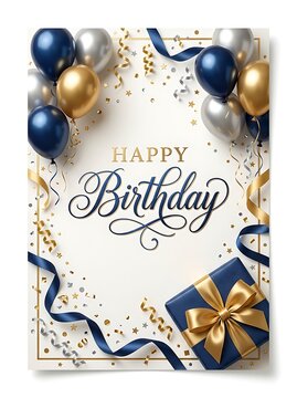 Happy birthday greeting card design with blue and gold balloons, ribbons, confetti and a gift box on a white background