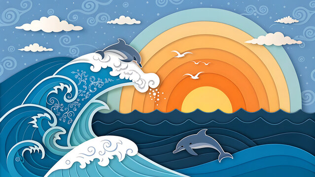 Paper craft dolphin jumping over ocean wave at sunset with seagulls
