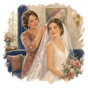 Mother Fastening Bride's Veil With Tears Of Joy, Gouache Art