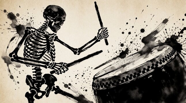 Skeleton plays drum with sticks in black, white ink style. Human bone figure performs percussion music on large drum. Monochromatic art shows skull musician with ink splashes, grunge texture on