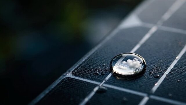 Cinemagraph loop of a crystal clear water droplet resting on a solar panel reflecting moving clouds