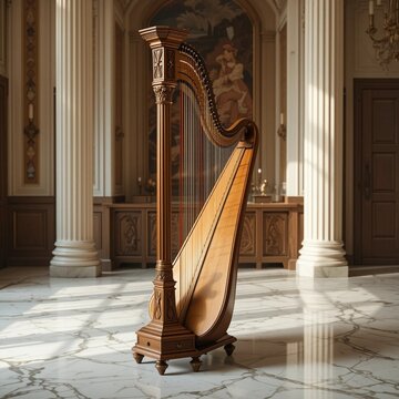 Elegantly carved wooden concert grand harp resting on a polished marble floor in a quiet music room