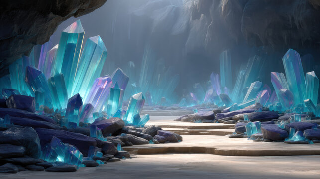 Magnificent rainbow crystal ice cave glowing gemstone fantasy landscape blue purple magical serene adventure