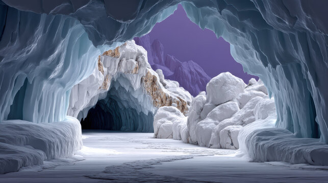 Magnificent ice cave with crystal formations, snow, frozen landscape, and purple sky, evoking wonder and tranquility