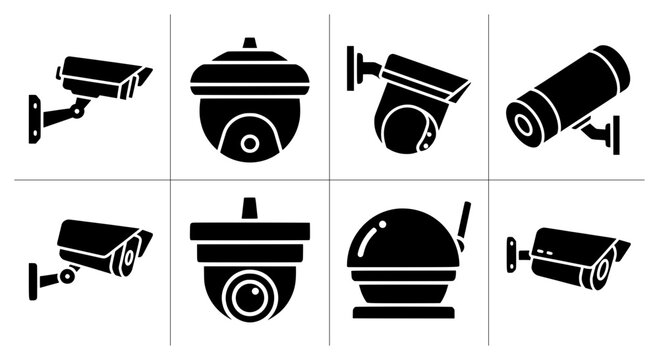 Security camera silhouettes set with surveillance and monitoring devices for home and business