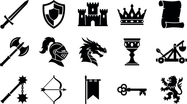 Medieval icon set, black kingdom silhouette symbols, 15 game vector elements
