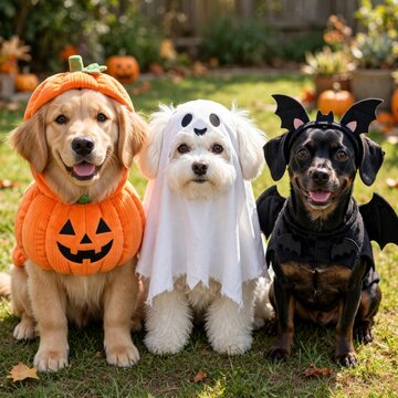 Group of Dogs in Halloween Costumes - Adorable dogs dressed for Halloween, one as a pumpkin, another as a ghost, and a third as a bat. Fun, festive, seasonal, celebration, holiday spirit