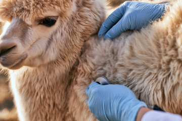 Fototapeta premium Close-up of a veterinarian’s blue gloved hands holding a stethoscope against the fluffy chest of a calm beige alpaca, detailed wool texture in soft morning light