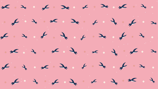 Flying swallows with blossoms on blush pink seamless pattern