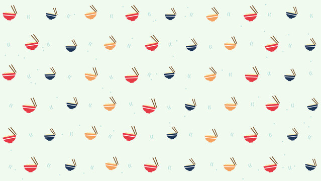 Noodle bowls with chopsticks on soft mint seamless pattern