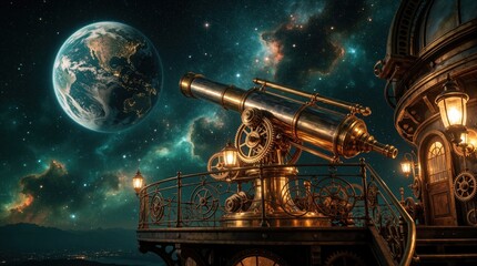 Fototapeta premium Steampunk observatory with large golden telescope on balcony. Antique brass machinery looks at planet Earth, cosmic nebula in dark space. Vintage sci-fi building features ornate gears, lanterns under