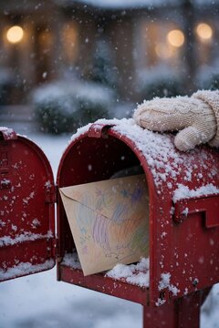 Red mailbox in snow with a child's letter for Santa at dusk