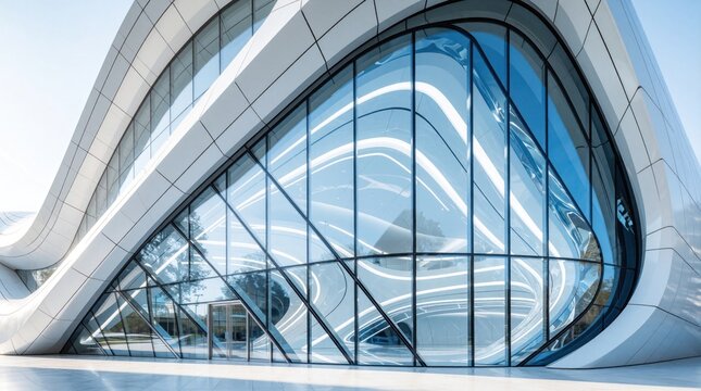 Modern futuristic building with white parametric facade, curved glass windows. Abstract architectural structure features geometric lines, smooth design. Bright sunlight reflects on glass surface of