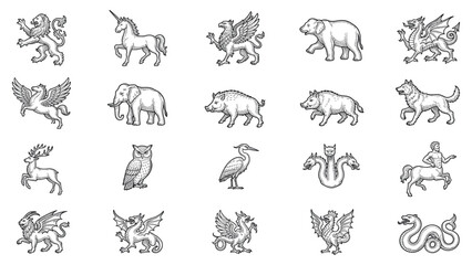 Obraz premium Heraldic mythical creature collection vintage engraving style set.