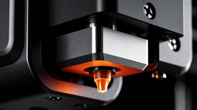 Macro closeup of 3D printer hotend with glowing orange nozzle. Molten filament extrusion process in industrial machine. Metal heated block shows high temperature heat, precision engineering
