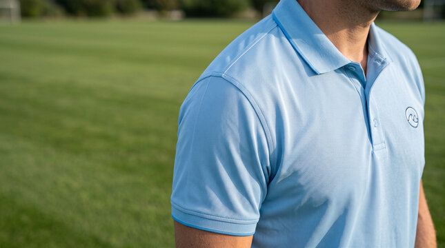 Light Blue Polo Shirt Close Up Grass Field Background Chest Logo Space Blank Apparel Mockup
