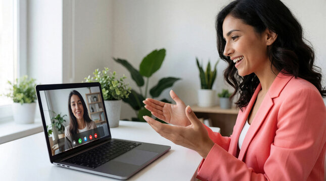 Smiling Hispanic woman talks on laptop during video call at home office. Uses generative AI for real time speech to text captions. Female professional gesticulates with hands working in bright cozy