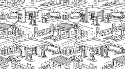 Obraz premium Retro Gasoline Station Pattern with Cars and Trucks