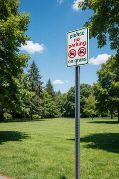 Please no parking on grass sign on metal pole in green park. White warning board shows car prohibition icons. Trees, lawn under blue sky with clouds. Public space regulation notice in sunny summer