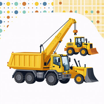 Flat Design Seamless Job. Illustrate A Kid-Friendly Scene With Yellow Dump Truck Crane And Bulldozer, Featuring Intricate Patterns Suitable For Printing