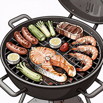 Metallic Party Knife. Monochrome, Hand-Drawn Illustration Of A Barbecue Party Scene Featuring Grilled Salmon, Sausages, Steak, Shrimp, And Vegetables On A Picnic Setting, Accompanied By Bbq Tools