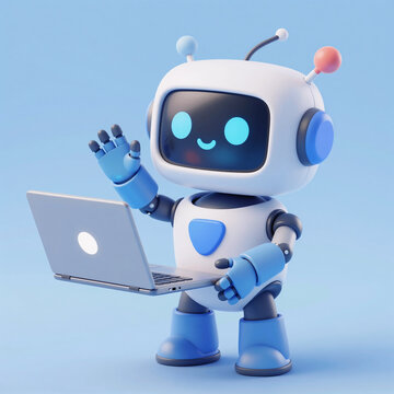 Cute Pastel Cartoon Robot. Friendly Cartoon-Style Chat Robot, Waving Hello With A Laptop In 3D Illustration